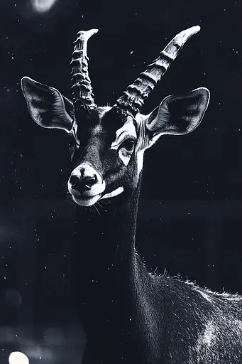 Midjourney generated image using SREF code Shadowed Whispers: A black and white photo of an antelope in the dark.