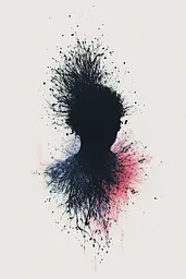 Midjourney generated image using SREF code Somatic Slivers: A silhouette of a person with paint splatters on their head.