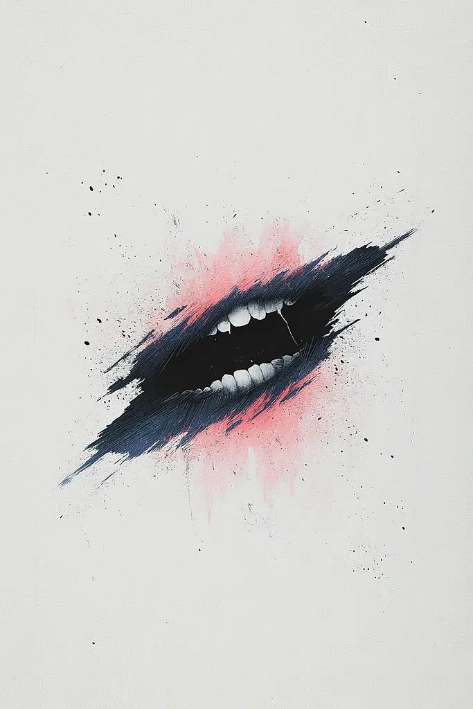 Midjourney generated image using SREF code Somatic Slivers: A close up of a woman's mouth with pink and black paint splatters.