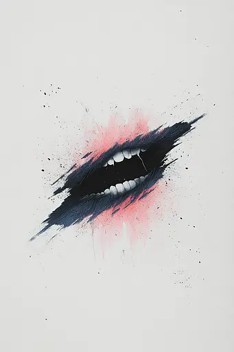 Midjourney generated image using SREF code Somatic Slivers: A close up of a woman's mouth with pink and black paint splatters.