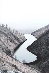 Midjourney generated image using SREF code Somatic Slivers: A river running through a mountain valley surrounded by trees.