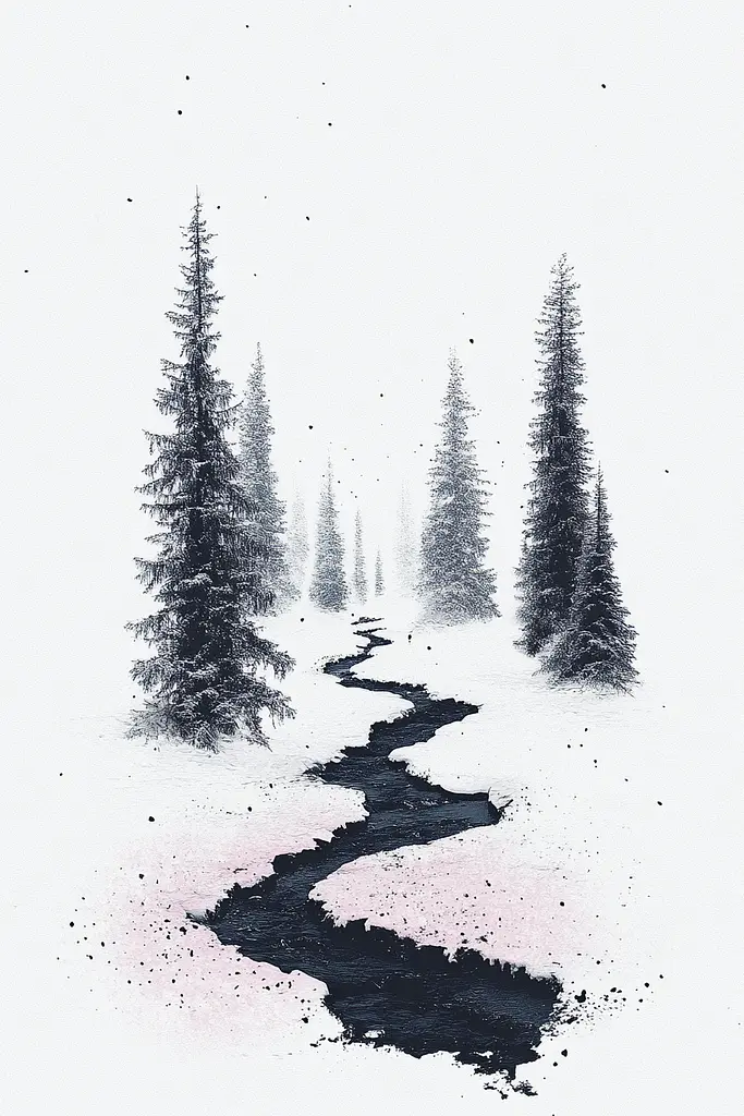 Midjourney generated image using SREF code Somatic Slivers: A black and white drawing of a stream running through a snowy forest.