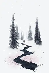 Midjourney generated image using SREF code Somatic Slivers: A black and white drawing of a stream running through a snowy forest.