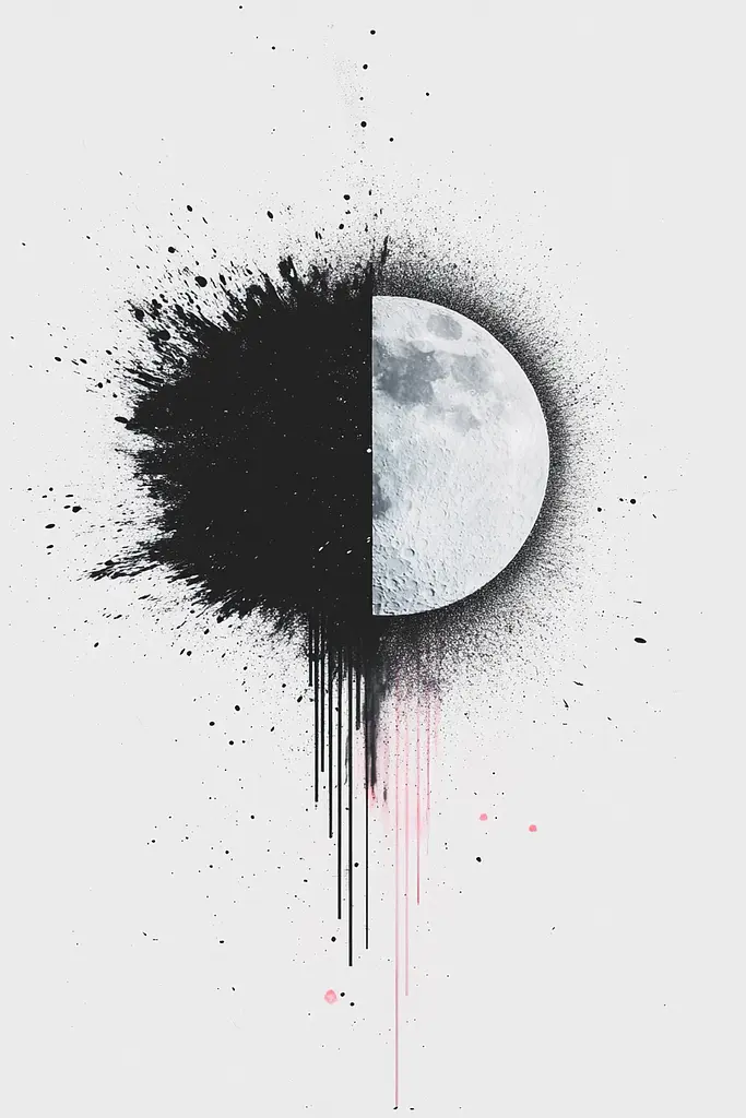 Midjourney generated image using SREF code Somatic Slivers: a black and white image of a half moon with paint splatters