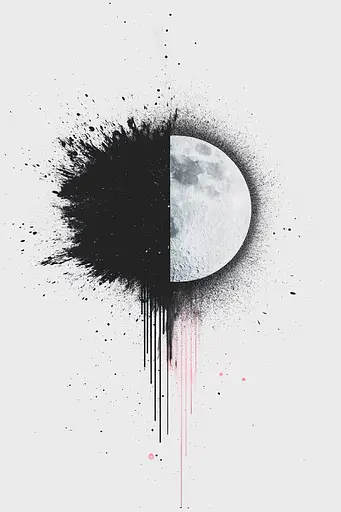 Midjourney generated image using SREF code Somatic Slivers: a black and white image of a half moon with paint splatters