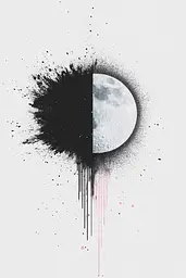 Midjourney generated image using SREF code Somatic Slivers: a black and white image of a half moon with paint splatters