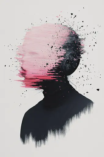 Midjourney generated image using SREF code Somatic Slivers: A woman with headphones on her head is shown in pink and black.