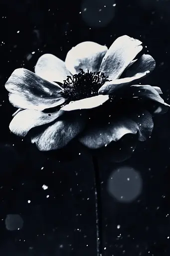 Midjourney generated image using SREF code Shadowed Whispers: A black and white photo of a flower in the rain.