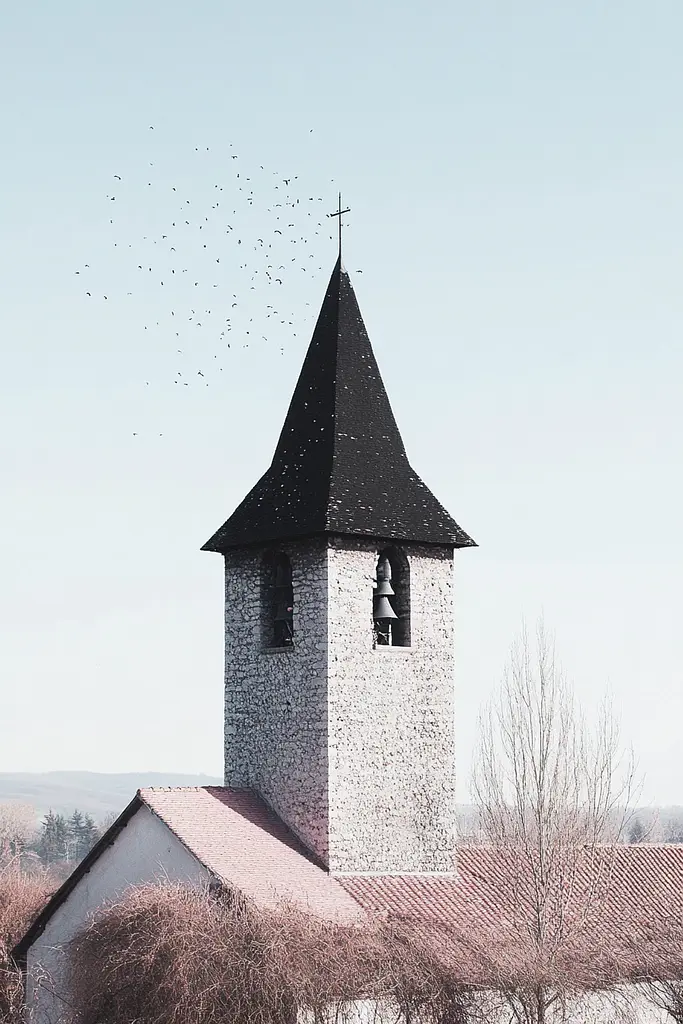 Midjourney generated image using SREF code Somatic Slivers: A church steeple with a flock of birds flying around it.