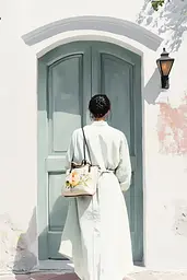 Midjourney generated image using SREF code Floating Fragments: A woman in a white dress is standing in front of a green door.