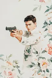 Midjourney generated image using SREF code Floating Fragments: A man holding a gun in front of a floral background.