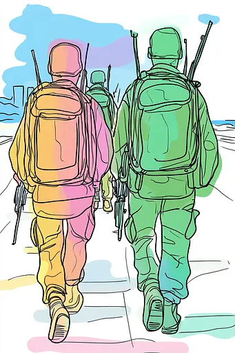 Midjourney generated image using SREF code Urban Blossom: A group of soldiers walking down a sidewalk.