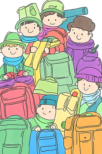 Midjourney generated image using SREF code Urban Blossom: A group of children with backpacks and hats.