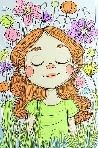 Midjourney generated image using SREF code Urban Blossom: A drawing of a girl with her eyes closed in a field of flowers.