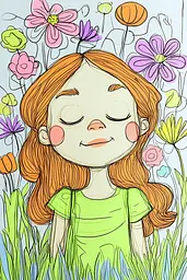 Midjourney generated image using SREF code Urban Blossom: A drawing of a girl with her eyes closed in a field of flowers.