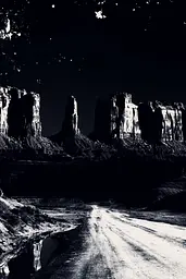 Midjourney generated image using SREF code Shadowed Whispers: A black and white photo of a dirt road at night.