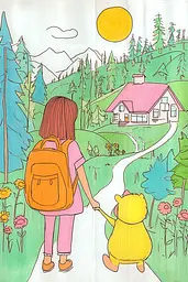 Midjourney generated image using SREF code Urban Blossom: A drawing of a girl and a teddy bear walking down a path.