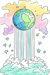 Midjourney generated image using SREF code Urban Blossom: A drawing of a globe with rain coming out of it.