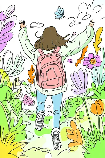 Midjourney generated image using SREF code Urban Blossom: A girl with a pink backpack walking through a field of flowers.