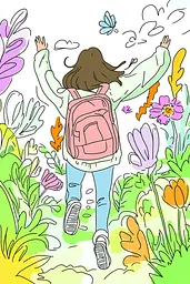 Midjourney generated image using SREF code Urban Blossom: A girl with a pink backpack walking through a field of flowers.