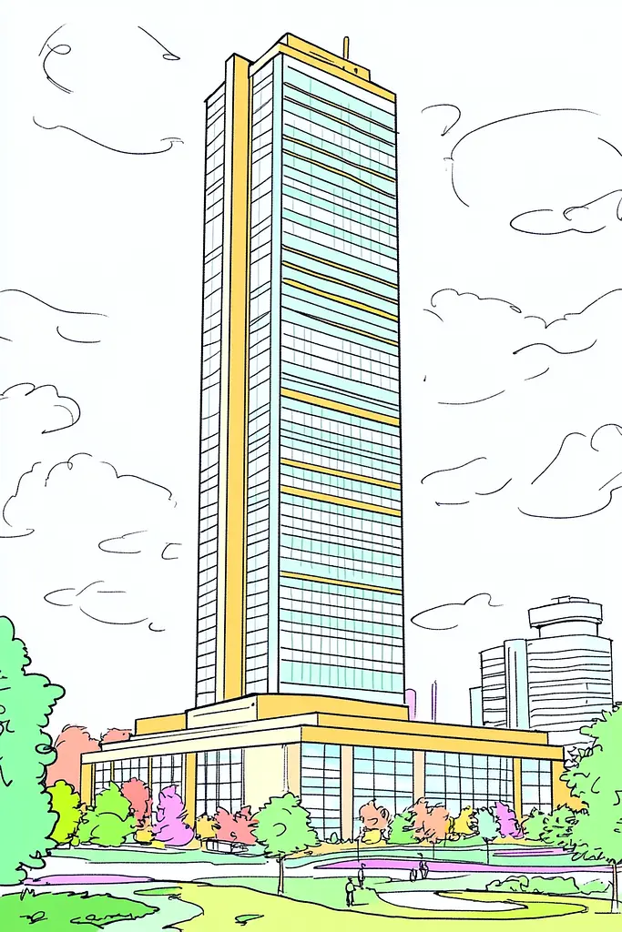 Midjourney generated image using SREF code Urban Blossom: A drawing of a tall building in a park.