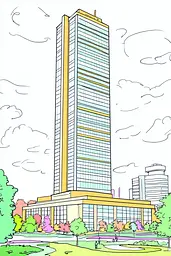 Midjourney generated image using SREF code Urban Blossom: A drawing of a tall building in a park.