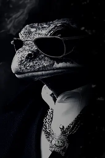 Midjourney generated image using SREF code Shadowed Whispers: A black and white photo of a frog wearing sunglasses.