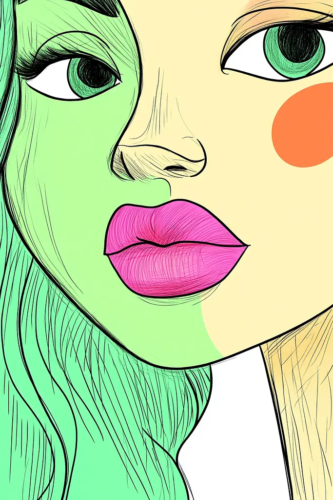 Midjourney generated image using SREF code Urban Blossom: A drawing of a woman with green hair and pink lipstick.