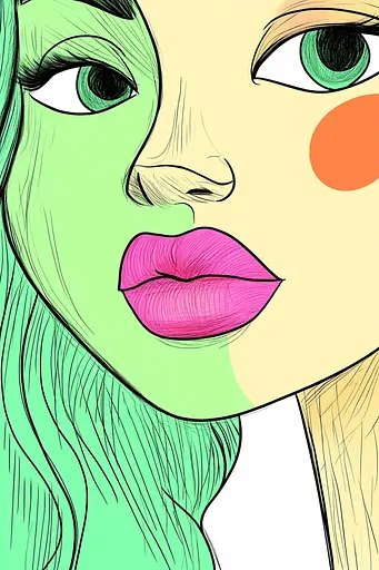 Midjourney generated image using SREF code Urban Blossom: A drawing of a woman with green hair and pink lipstick.