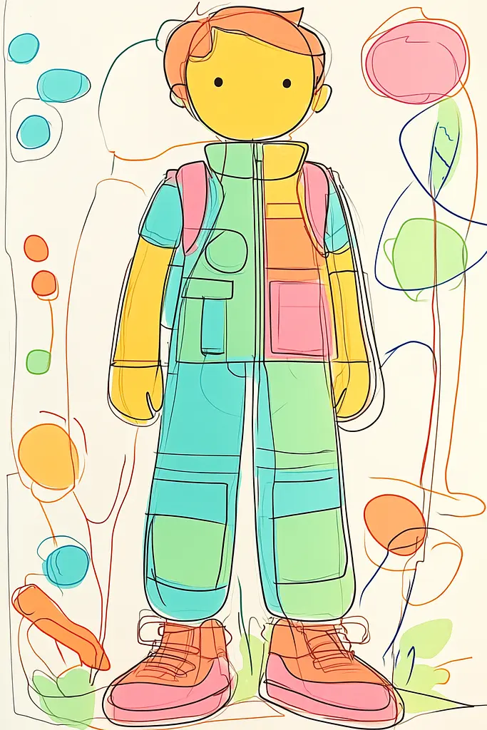 Midjourney generated image using SREF code Urban Blossom: A drawing of a boy with a backpack and a pair of shoes.