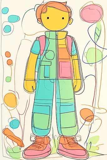 Midjourney generated image using SREF code Urban Blossom: A drawing of a boy with a backpack and a pair of shoes.