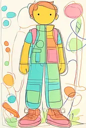 Midjourney generated image using SREF code Urban Blossom: A drawing of a boy with a backpack and a pair of shoes.