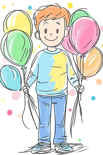 Midjourney generated image using SREF code Urban Blossom: A boy holding a bunch of colorful balloons.