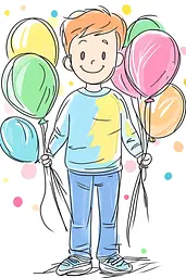 Midjourney generated image using SREF code Urban Blossom: A boy holding a bunch of colorful balloons.