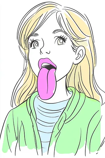 Midjourney generated image using SREF code Urban Blossom: A drawing of a girl sticking out her tongue.