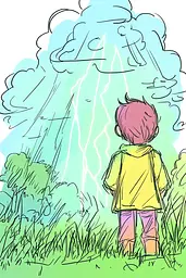 Midjourney generated image using SREF code Urban Blossom: A little girl standing in a field looking at a cloud with a lightning bolt.