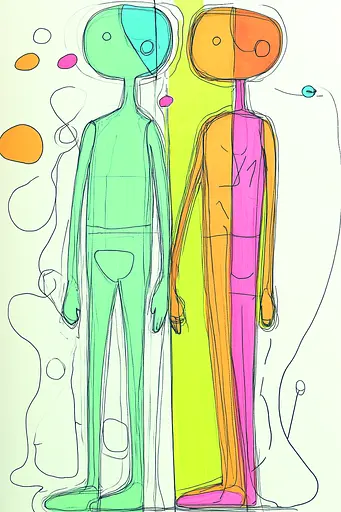 Midjourney generated image using SREF code Urban Blossom: A drawing of two people standing next to each other.