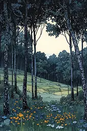 Midjourney generated image using SREF code Fairytale Shadows: A painting of a forest with flowers in the foreground.