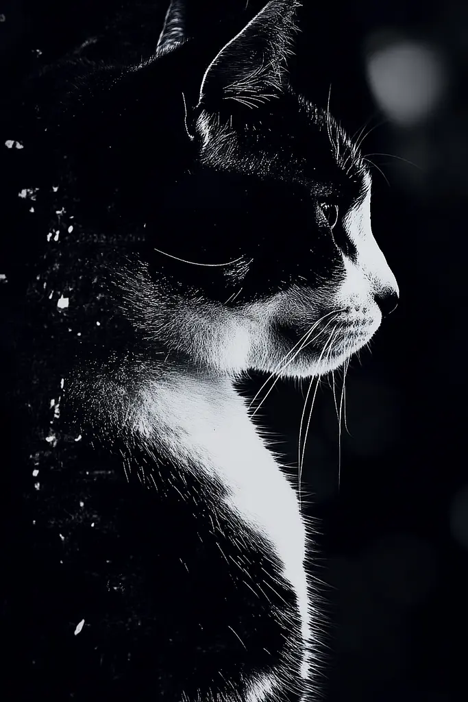 Midjourney generated image using SREF code Shadowed Whispers: A black and white photo of a cat in the dark.