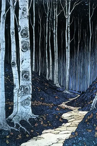 Midjourney generated image using SREF code Fairytale Shadows: A drawing of a path through a forest at night.