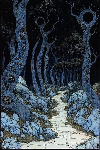 Midjourney generated image using SREF code Fairytale Shadows: A painting of a path through a forest at night.