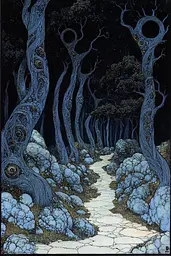 Midjourney generated image using SREF code Fairytale Shadows: A painting of a path through a forest at night.