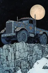 Midjourney generated image using SREF code Fairytale Shadows: A truck is parked on a rocky hillside under a full moon.