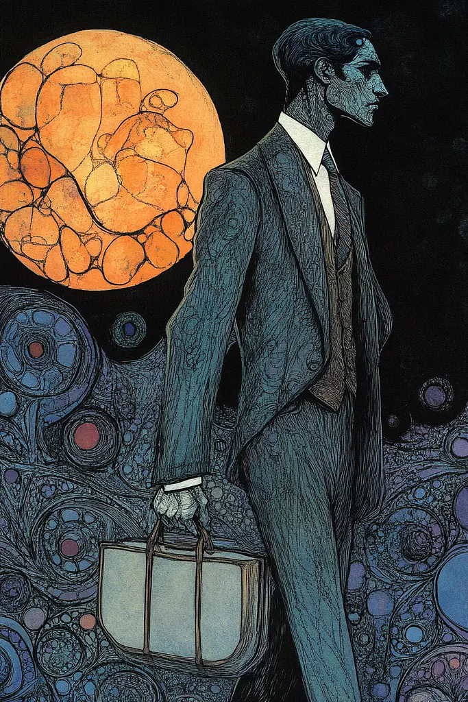 Midjourney generated image using SREF code Fairytale Shadows: A man in a suit holding a briefcase in front of a full moon.