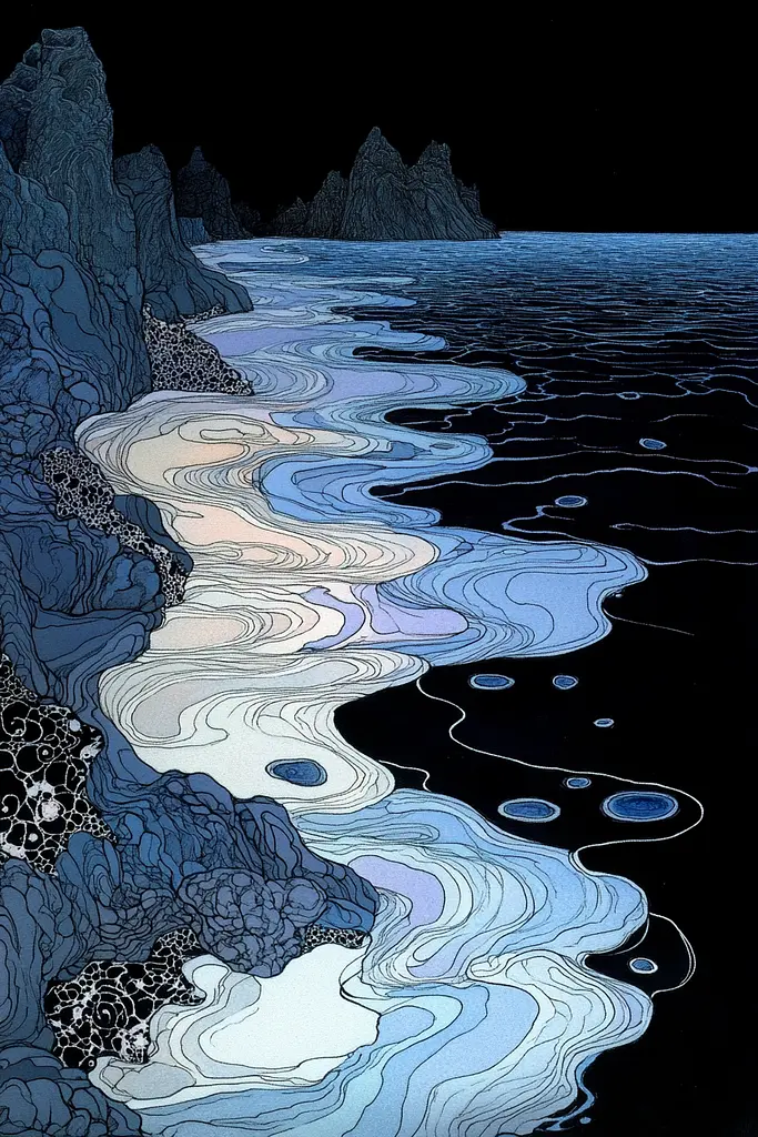 Midjourney generated image using SREF code Fairytale Shadows: A drawing of a body of water with rocks in the background.