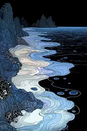 Midjourney generated image using SREF code Fairytale Shadows: A drawing of a body of water with rocks in the background.