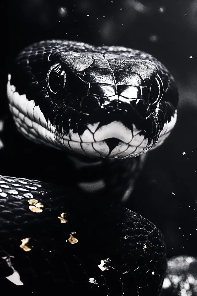 Midjourney generated image using SREF code Shadowed Whispers: A black and white photo of a snake.