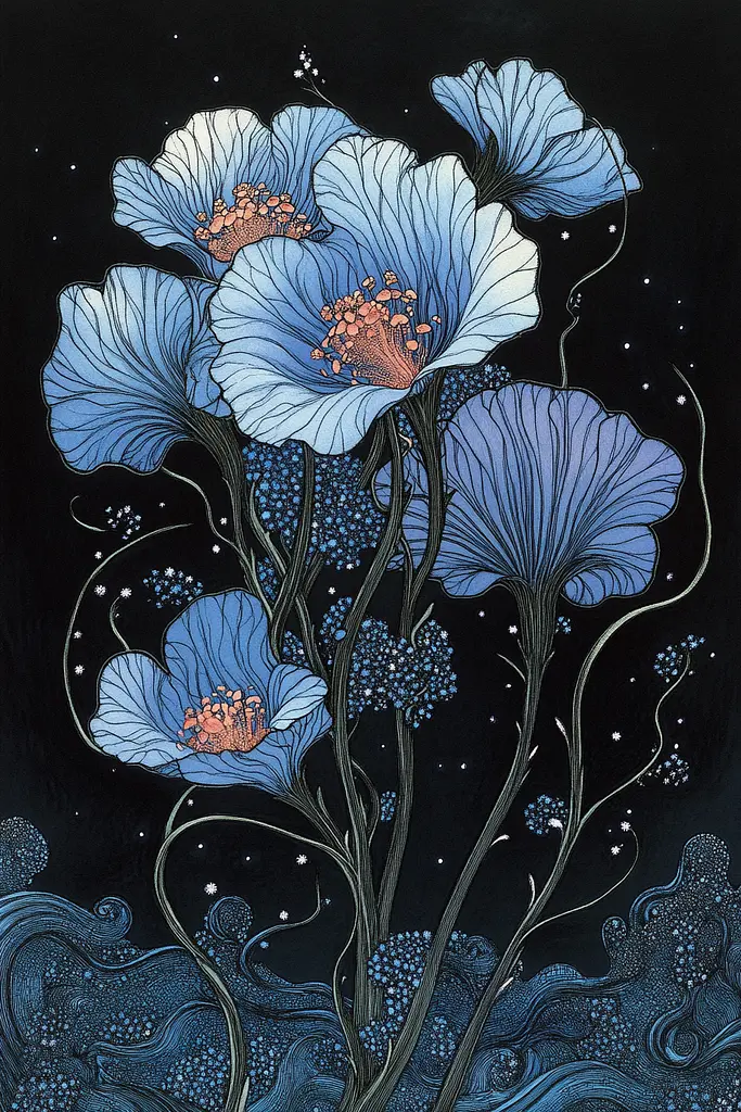 Midjourney generated image using SREF code Fairytale Shadows: A painting of blue flowers on a black background.