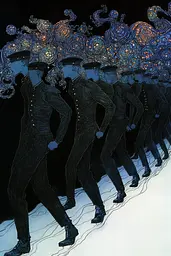 Midjourney generated image using SREF code Fairytale Shadows: A group of men in military uniforms walking down a street.