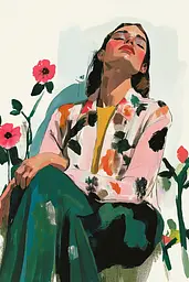 Midjourney generated image using SREF code Tinted Tableaux: A painting of a woman sitting in a chair surrounded by flowers.